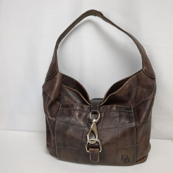 Dooney & Bourke Croco Brown Embossed Leather Clip Lock Hobo Shoulder Bag - Picture 1 of 15